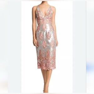 Dress the population sz L large Elegant Lace Midi Dress in Silver and Pink